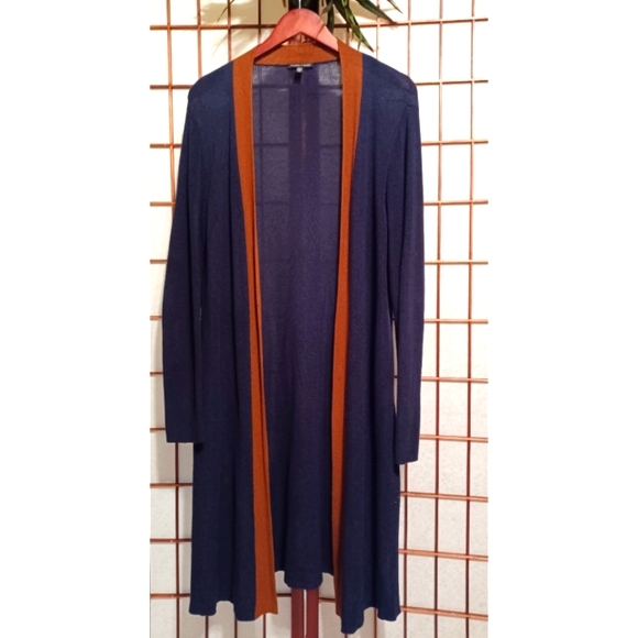 Eileen Fisher Slit Side Tencel/Silk-Blend Long Cardigan - Navy Blue/Brown - Picture 9 of 16